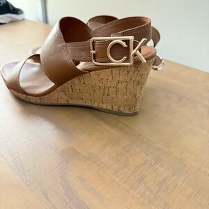 Calvin Klein Tan Wedge Sandals with Gold Accent